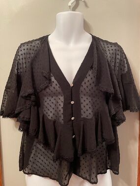 ZARA Black Sheer Polkadot Ruffle Crystal Button-Front Feminine Whimsigoth Top